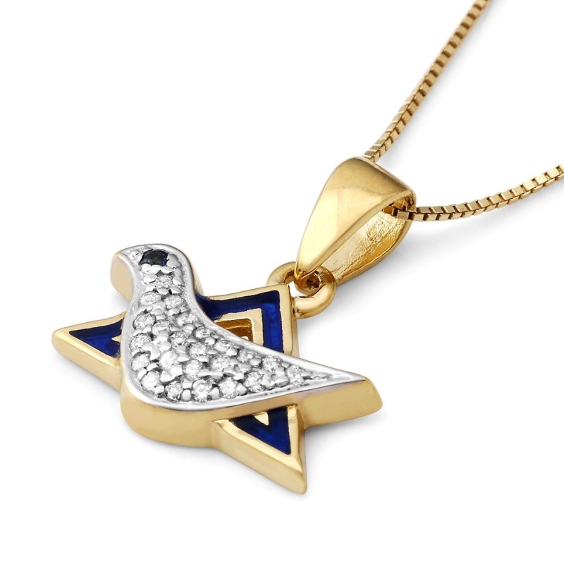 Collier avec pendentif colombe et étoile de David en or 14 carats et diamants pour femme