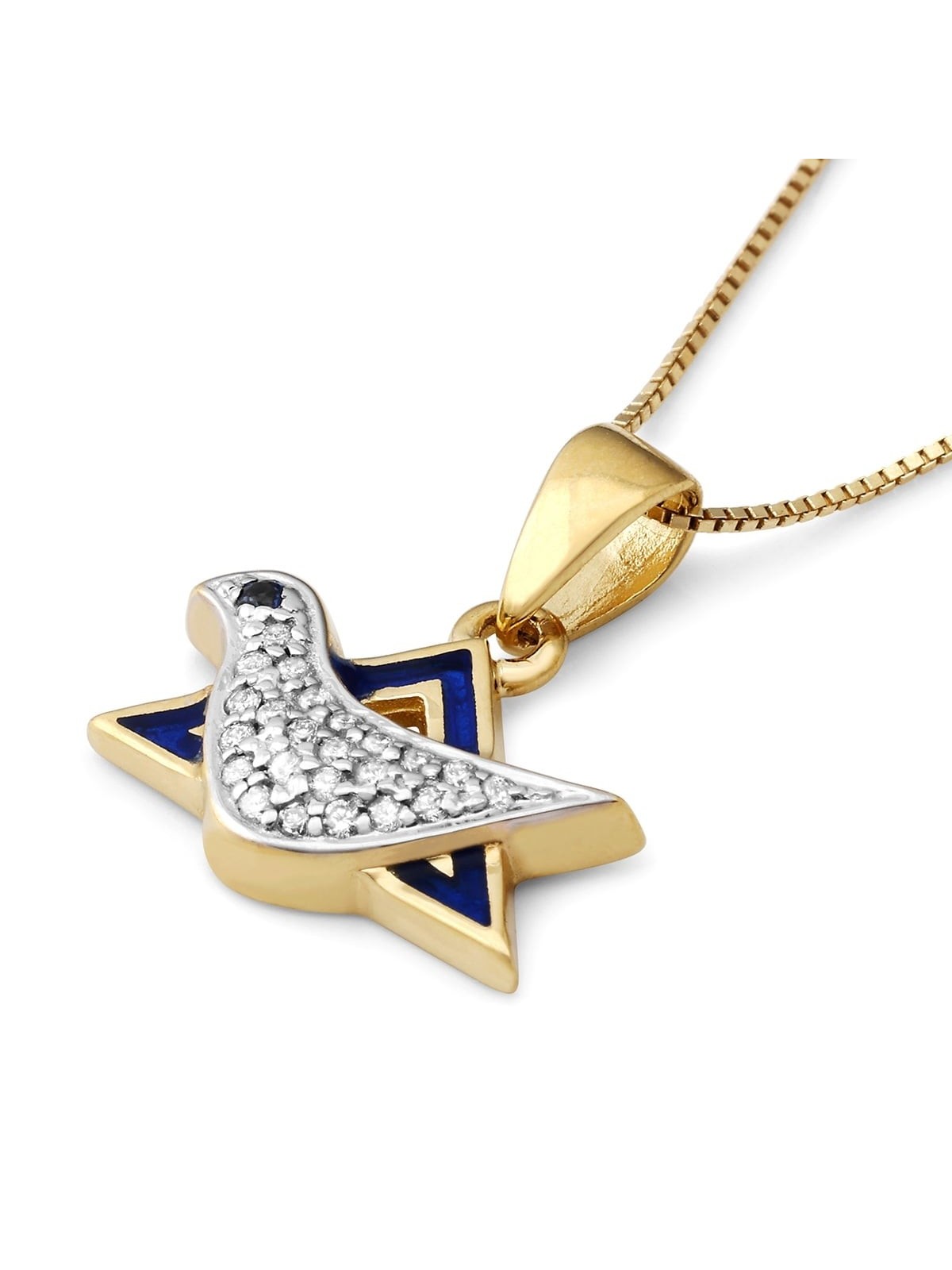 Collier avec pendentif colombe et étoile de David en or 14 carats et diamants pour femme