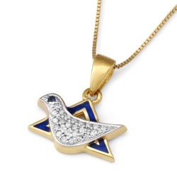 14K Gold Diamond Dove Star of David Pendant Necklace for Women