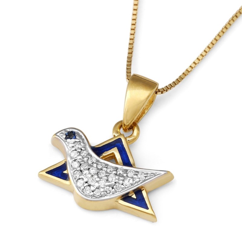 Collier avec pendentif colombe et étoile de David en or 14 carats et diamants pour femme