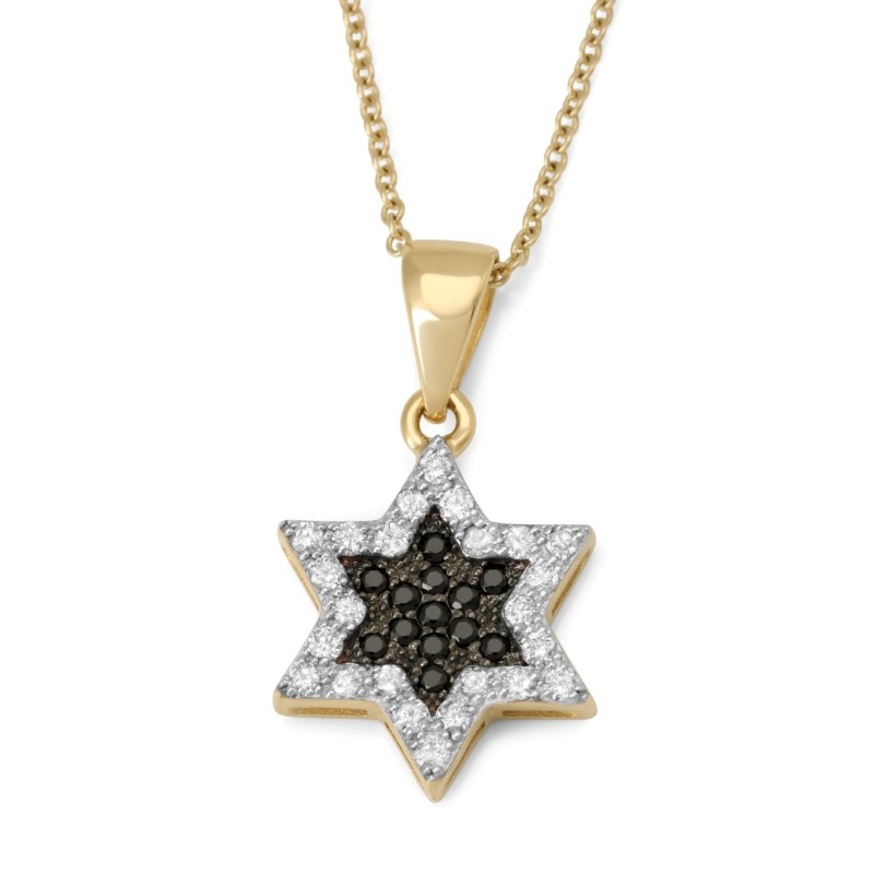 Pendentif étoile de David en or 14 carats avec diamants blancs et noirs pour femme