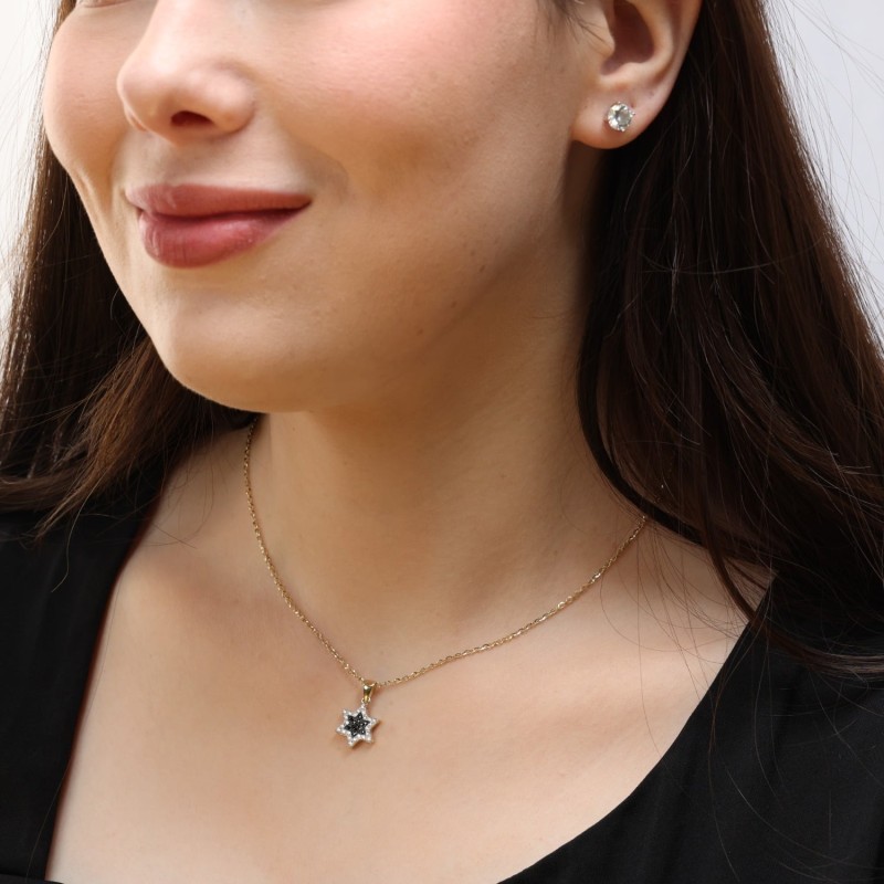 14K Gold White & Black Diamond Star of David Pendant for Women