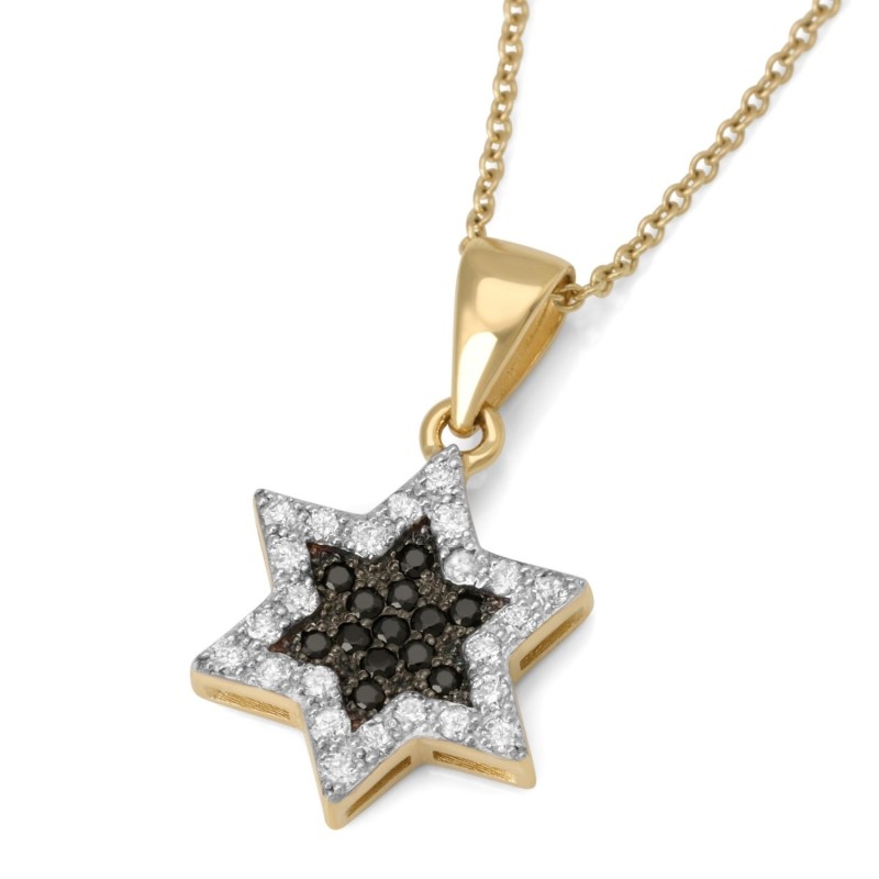 Pendentif étoile de David en or 14 carats avec diamants blancs et noirs pour femme