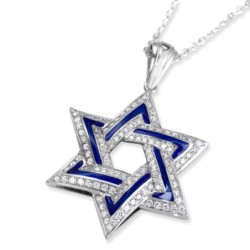 114-Diamond 14K White Gold and Blue Enamel Star of David Pendant Neckl