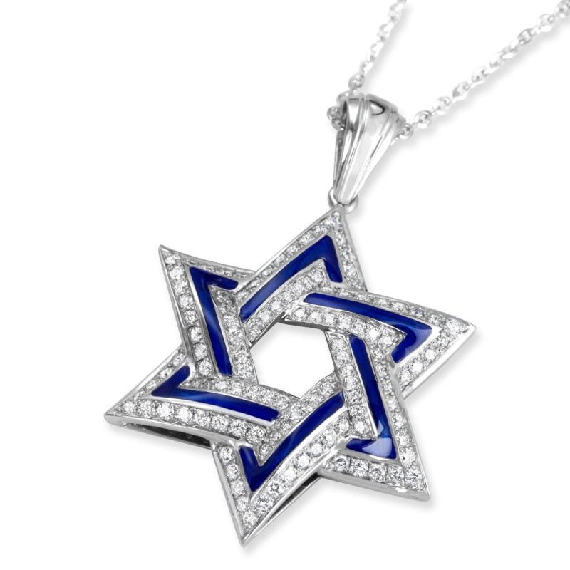 114-Diamond 14K White Gold and Blue Enamel Star of David Pendant Neckl