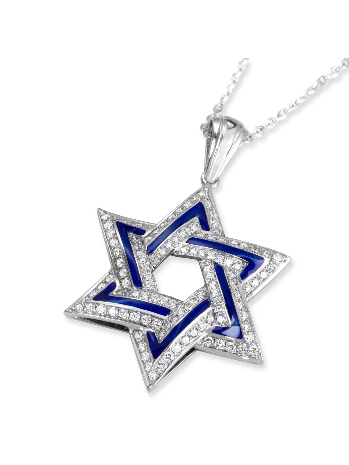 114-Diamond 14K White Gold and Blue Enamel Star of David Pendant Neckl