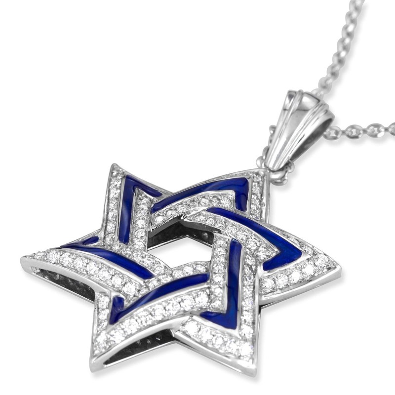 Collier pendentif étoile de David en or blanc 14 carats et émail bleu 114 diamants