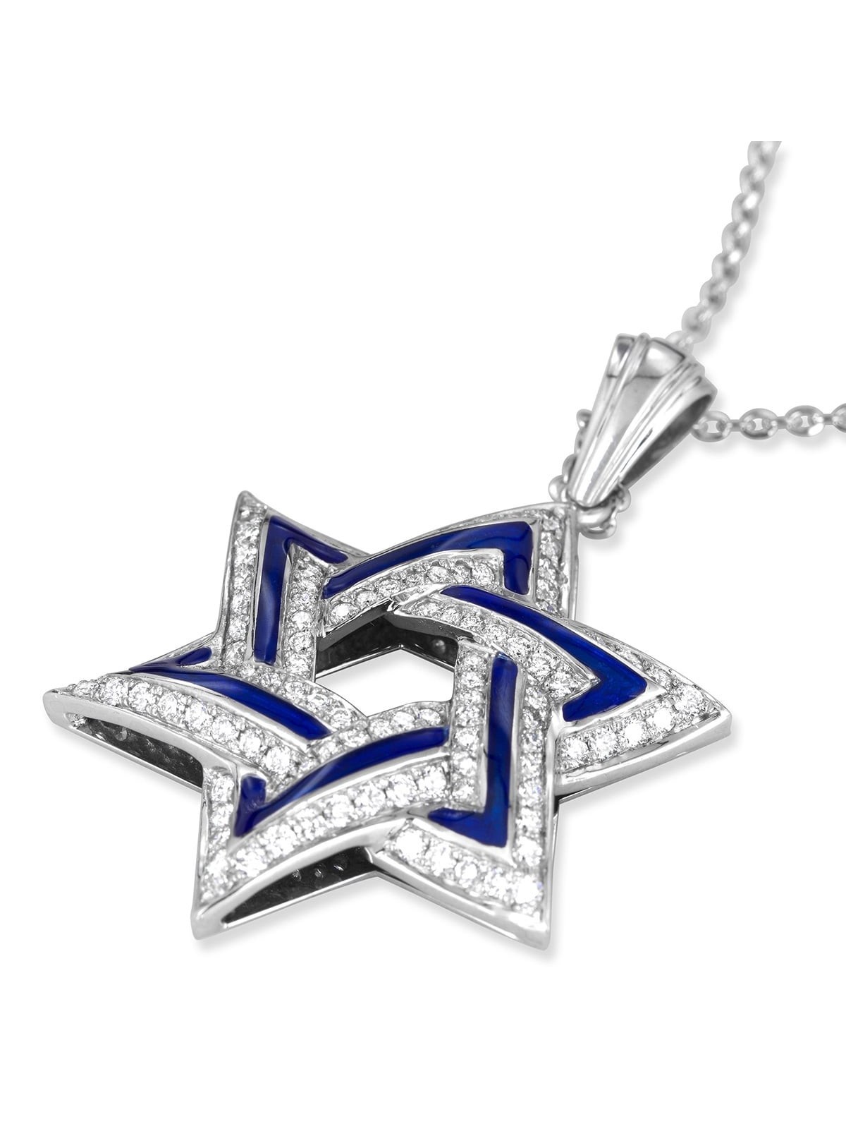 114-Diamond 14K White Gold and Blue Enamel Star of David Pendant Neckl