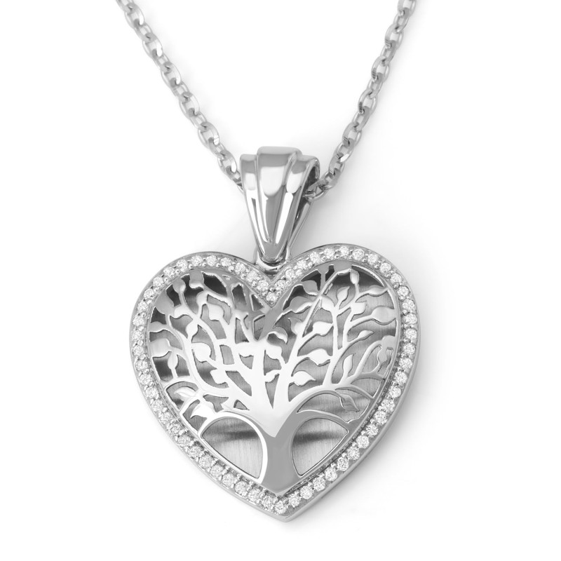 Pendentif cœur arbre de vie feuillu en or blanc 14 carats avec diamants
