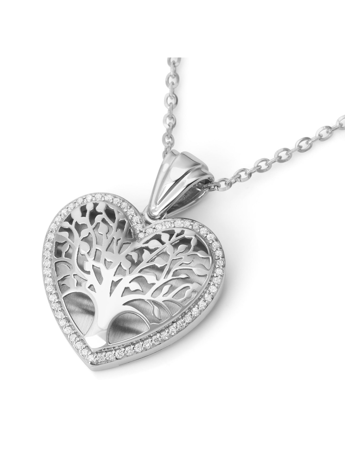 14K White Gold Leafy Tree of Life Heart Pendant with Diamonds
