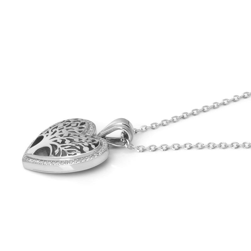 Pendentif cœur arbre de vie feuillu en or blanc 14 carats avec diamants