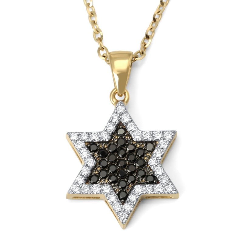 Pendentif étoile de David en or 14 carats avec grand diamant blanc et noir