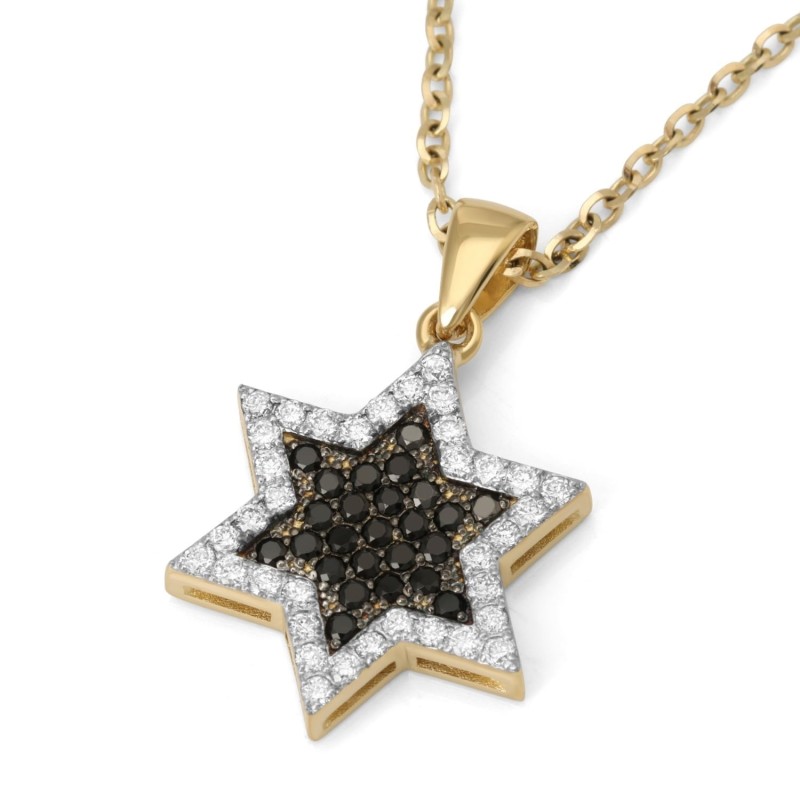 Pendentif étoile de David en or 14 carats avec grand diamant blanc et noir