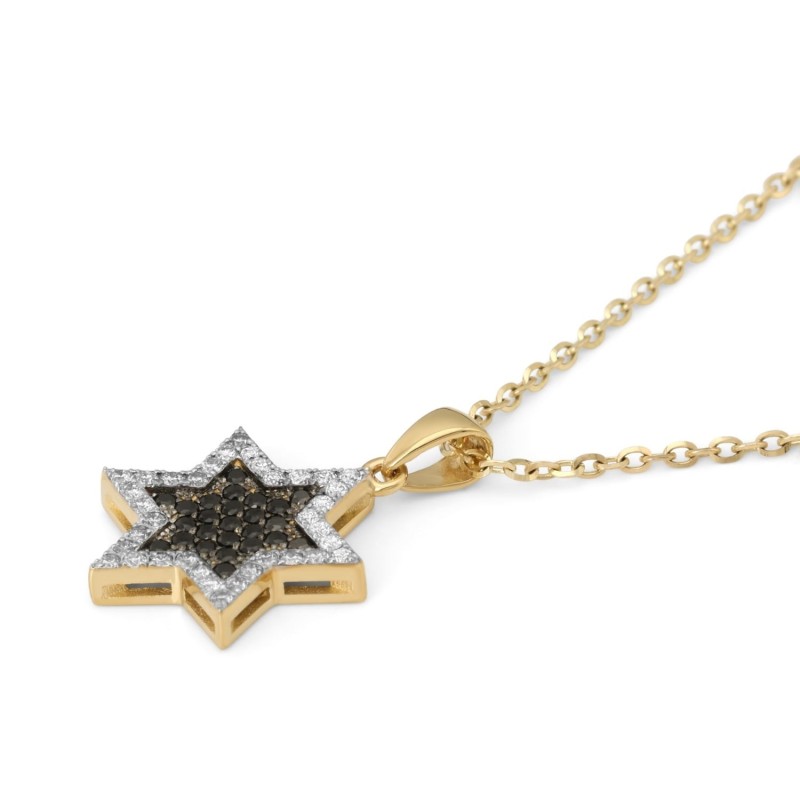 Pendentif étoile de David en or 14 carats avec grand diamant blanc et noir