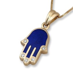 14K Gold Hamsa Pendant Necklace with Diamond Points