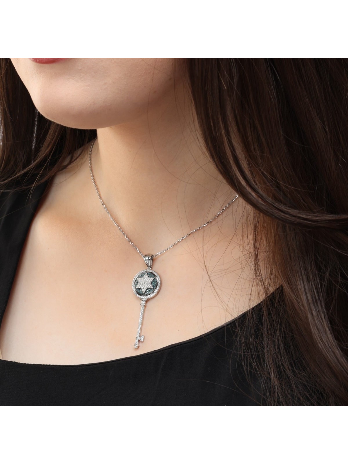 14K Gold Star of David Key Pendant with Diamonds