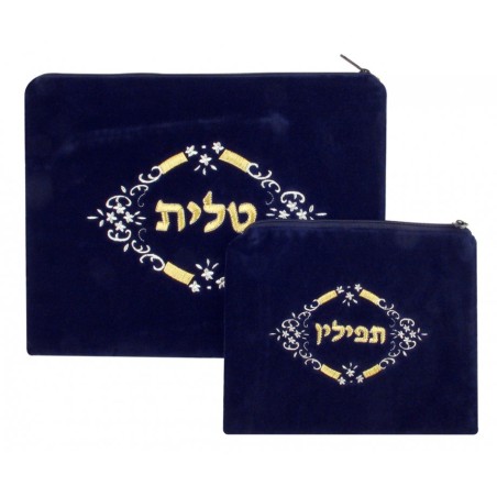 Dark Blue Velvet Tallit Tefillin Bags white... | Talit & Tefillin Bags