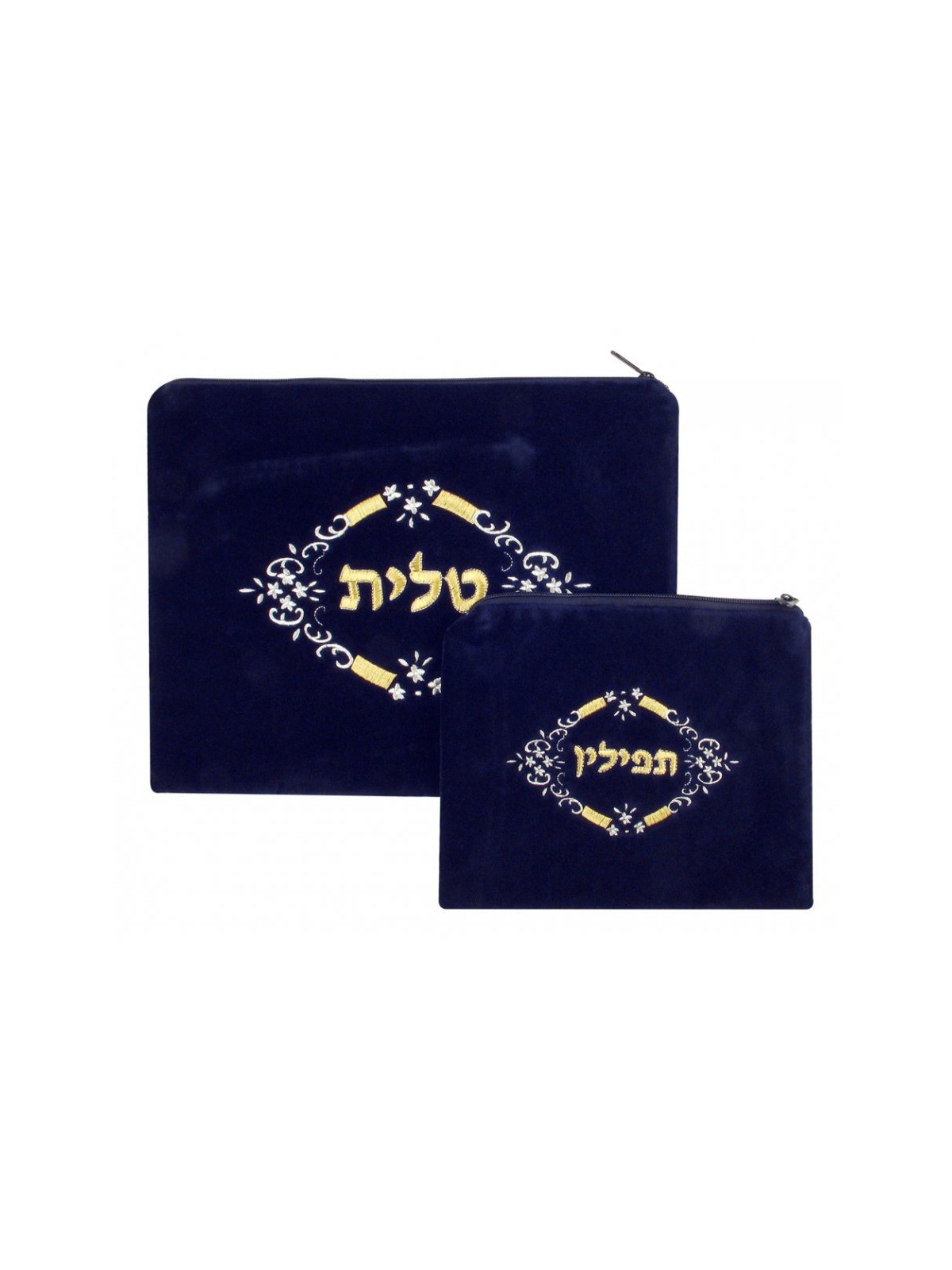 Dark Blue Velvet Tallit Tefillin Bags white... | Talit & Tefillin Bags