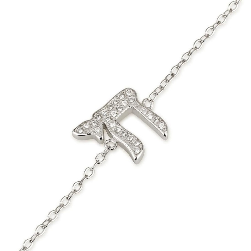 925 Sterling Silver Chai Bracelet with White Zircon Stones