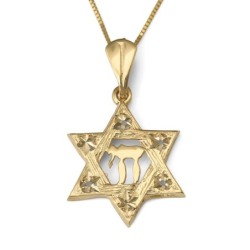 14K Gold Textured Star of David and Chai Pendant with Stars for Women