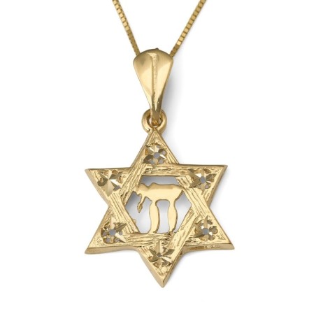 14K Gold Textured Star of David and Chai Pendant with Stars for Women