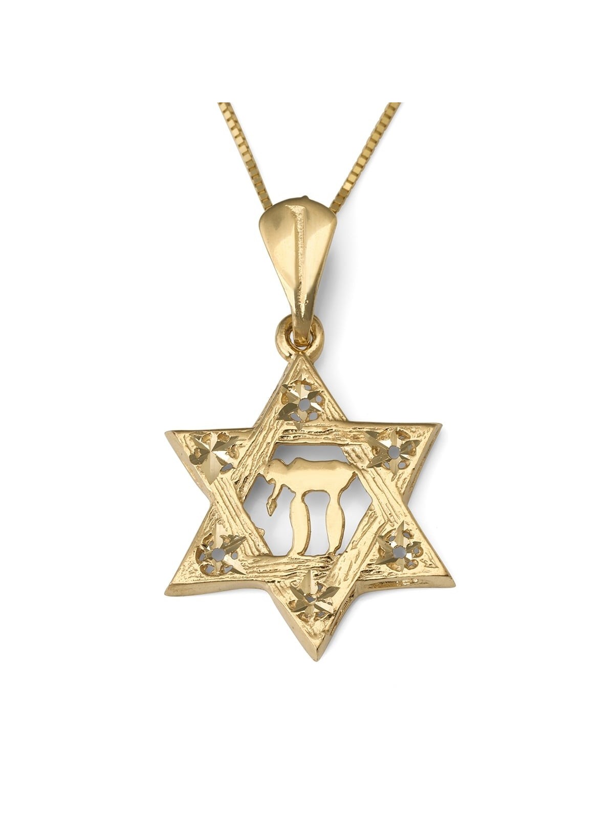 Pendentif étoile de David et Chai texturé en or 14 carats avec étoiles pour femme