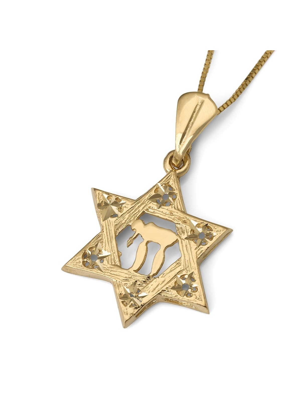 Pendentif étoile de David et Chai texturé en or 14 carats avec étoiles pour femme