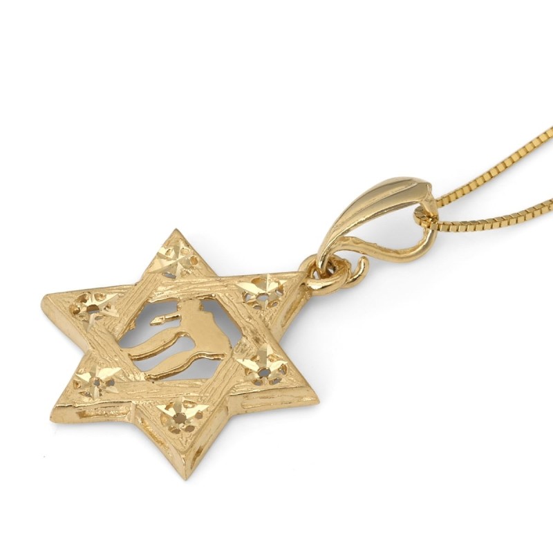 Pendentif étoile de David et Chai texturé en or 14 carats avec étoiles pour femme