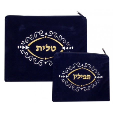 Dark Blue Velvet Tallit Tefillin Bags scrol... | Talit & Tefillin Bags