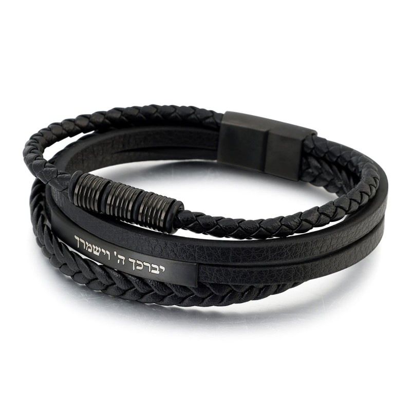 Bracelet en cuir perlé de bénédiction sacerdotale pour hommes avec fermoir magnétique -