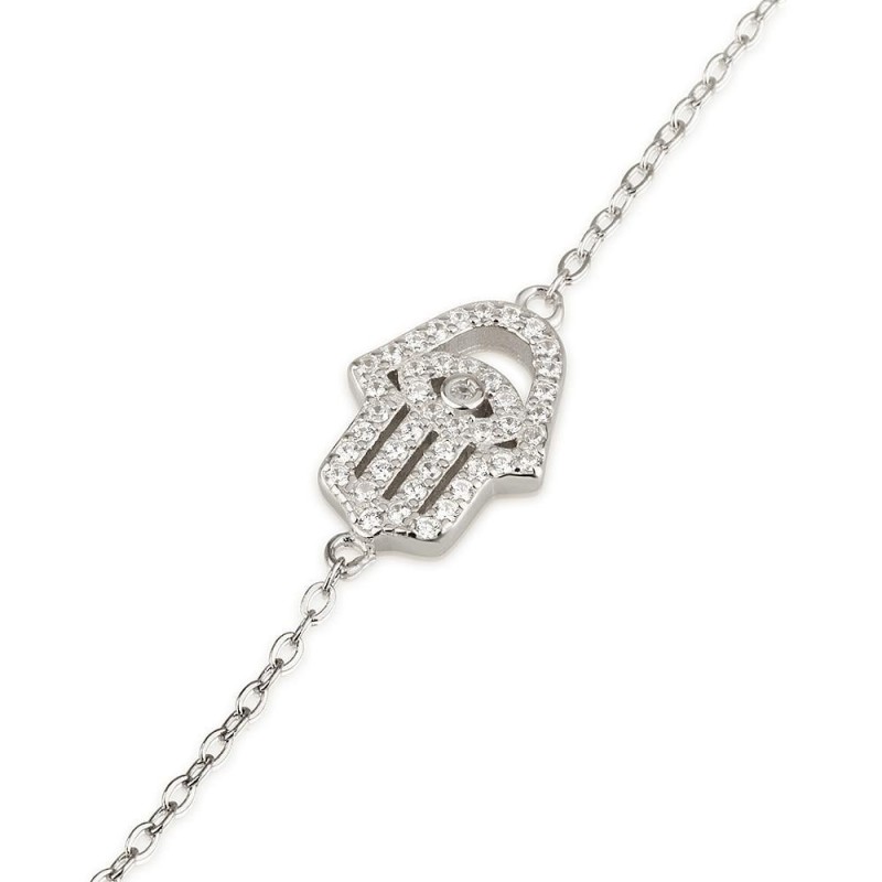 925 Sterling Silver Hamsa & Evil Eye Bracelet with White Zircon Stones