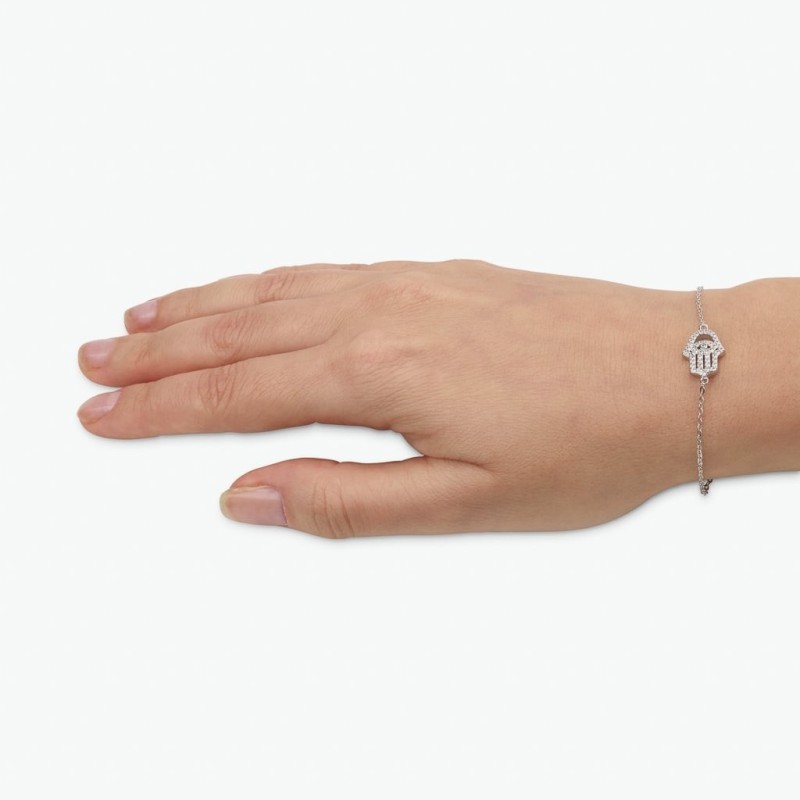 Bracelet Hamsa et mauvais œil en argent sterling 925 avec pierres de zircon blanc