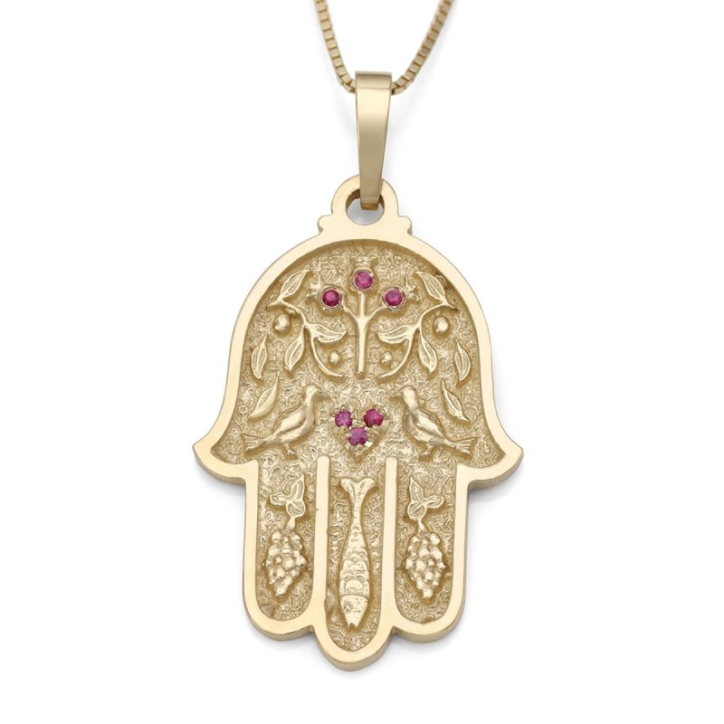 Collier pendentif Hamsa en or jaune 14 carats avec pierres rubis