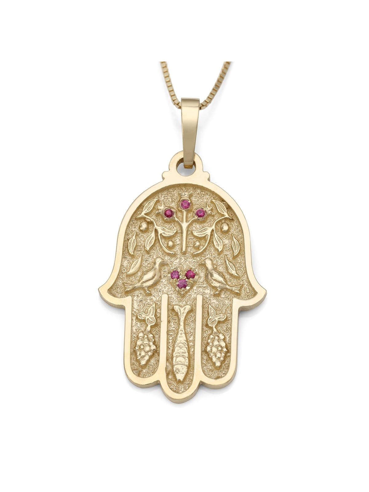 Collier pendentif Hamsa en or jaune 14 carats avec pierres rubis