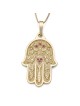 14K Yellow Gold Hamsa Pendant Necklace With Ruby Stones