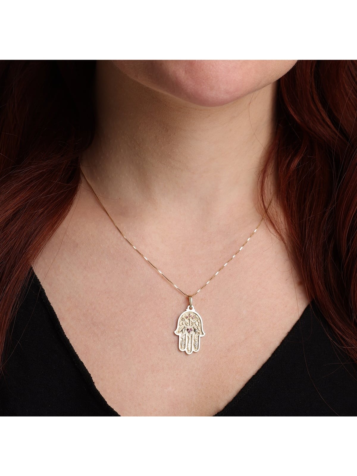14K Yellow Gold Hamsa Pendant Necklace With Ruby Stones