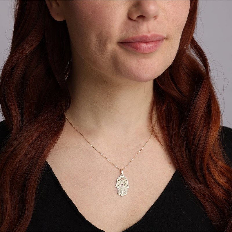 Collier pendentif Hamsa en or jaune 14 carats avec pierres rubis