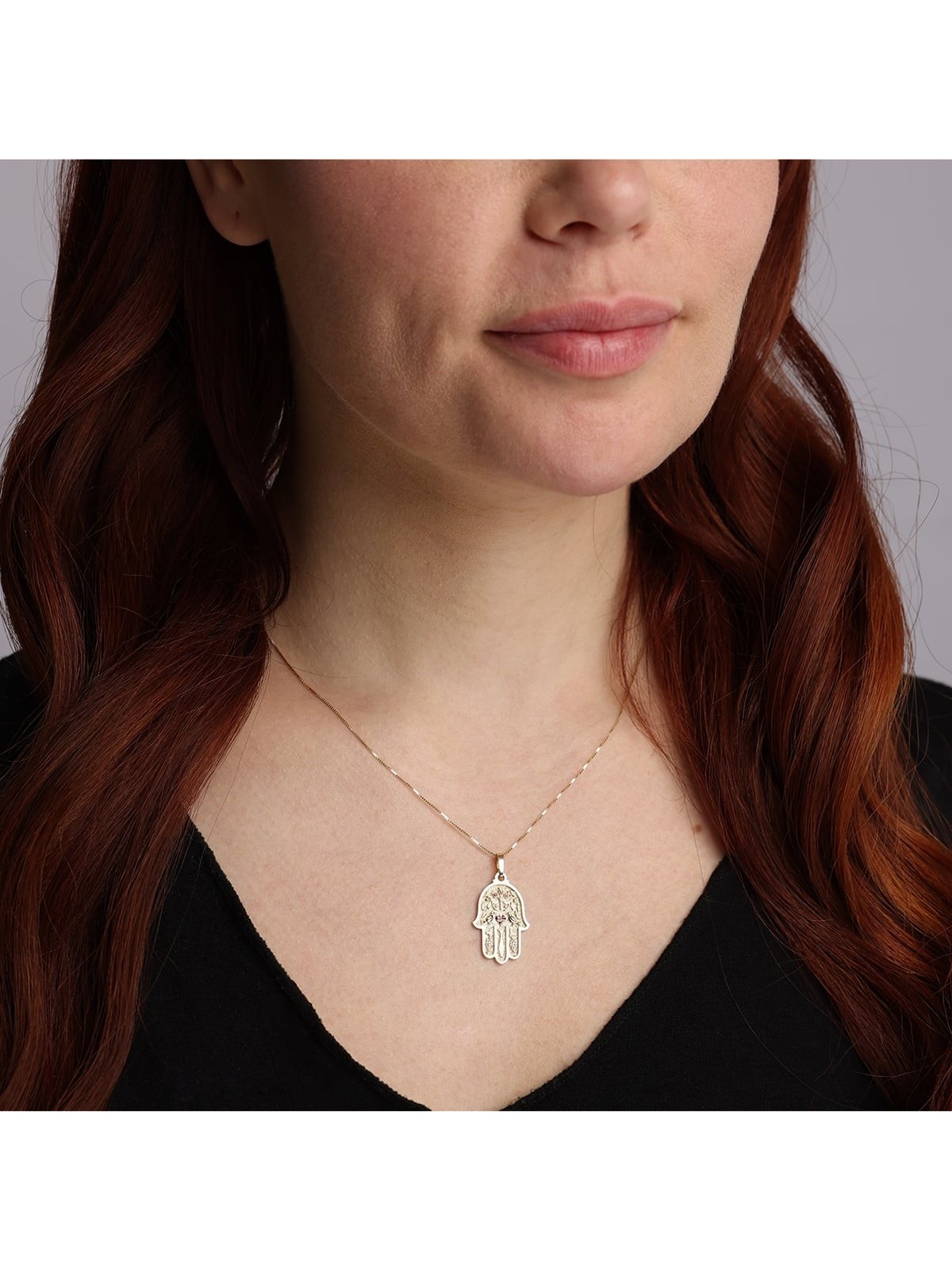 14K Yellow Gold Hamsa Pendant Necklace With Ruby Stones