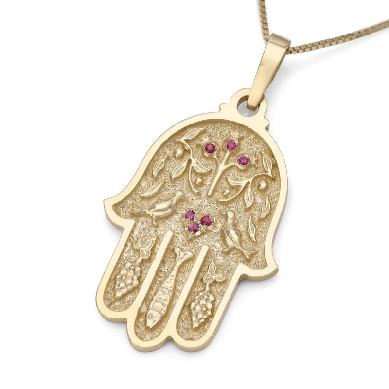 Collier pendentif Hamsa en or jaune 14 carats avec pierres rubis