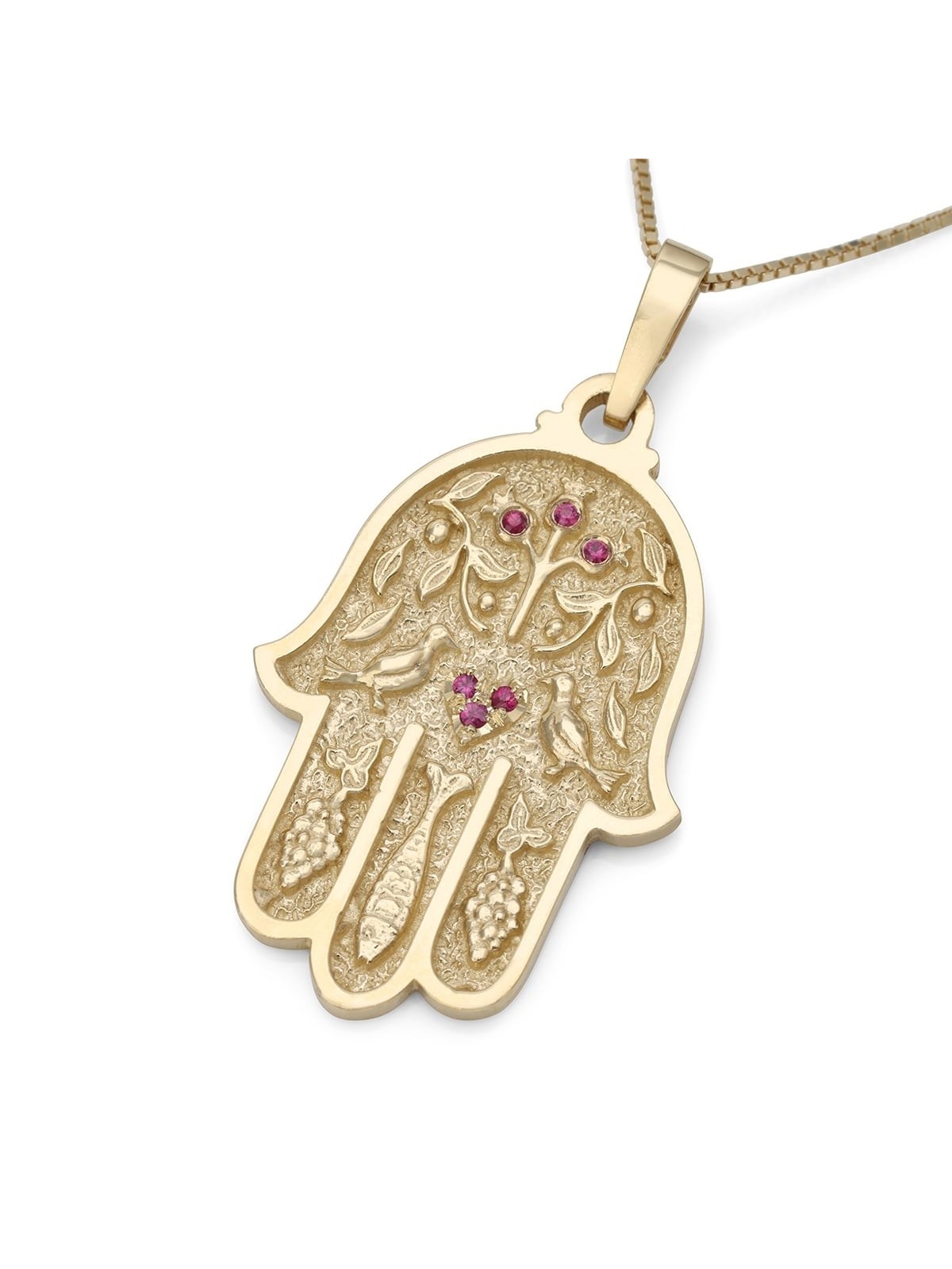 14K Yellow Gold Hamsa Pendant Necklace With Ruby Stones