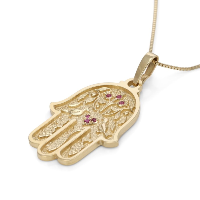 Collier pendentif Hamsa en or jaune 14 carats avec pierres rubis