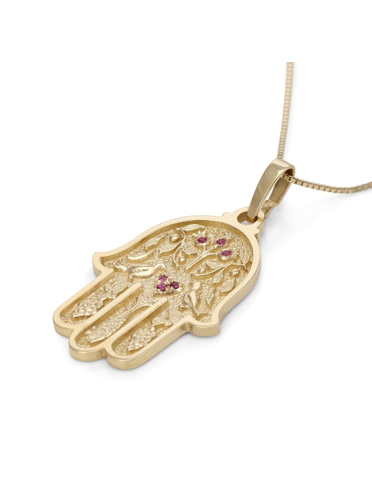 14K Yellow Gold Hamsa Pendant Necklace With Ruby Stones
