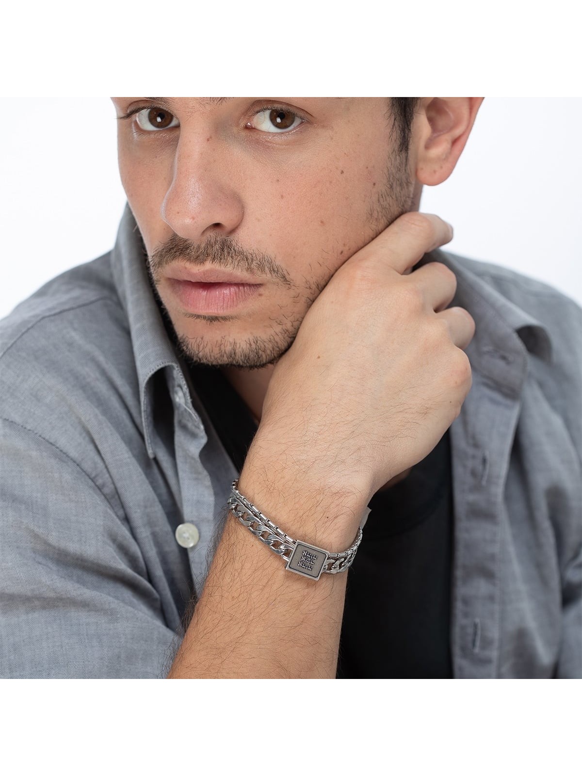 Men's Stainless Steel Double Chain Bracelet with Silver Plated Blessin