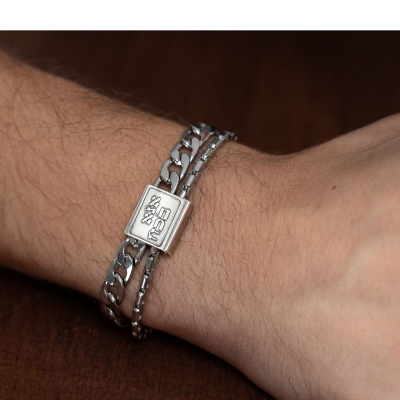 Bracelet double chaîne en acier inoxydable pour hommes avec bénédiction plaquée argent
