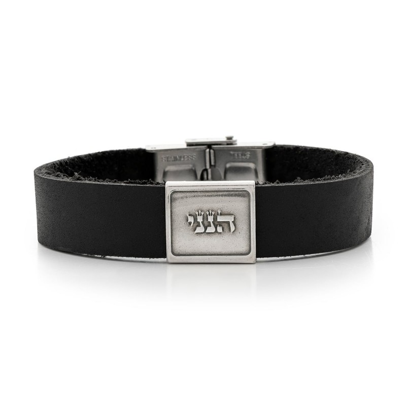Men's Black Leather Bracelet with Silver-Plated Pendant and Stainless