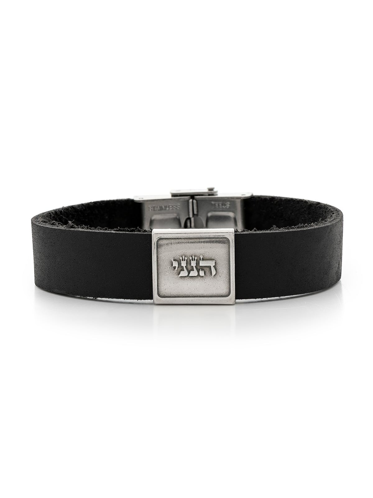 Men's Black Leather Bracelet with Silver-Plated Pendant and Stainless