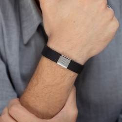 Men's Black Leather Bracelet with Silver-Plated Pendant and Stainless