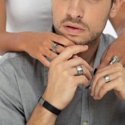 Men's Black Leather Bracelet with Silver-Plated Pendant and Stainless