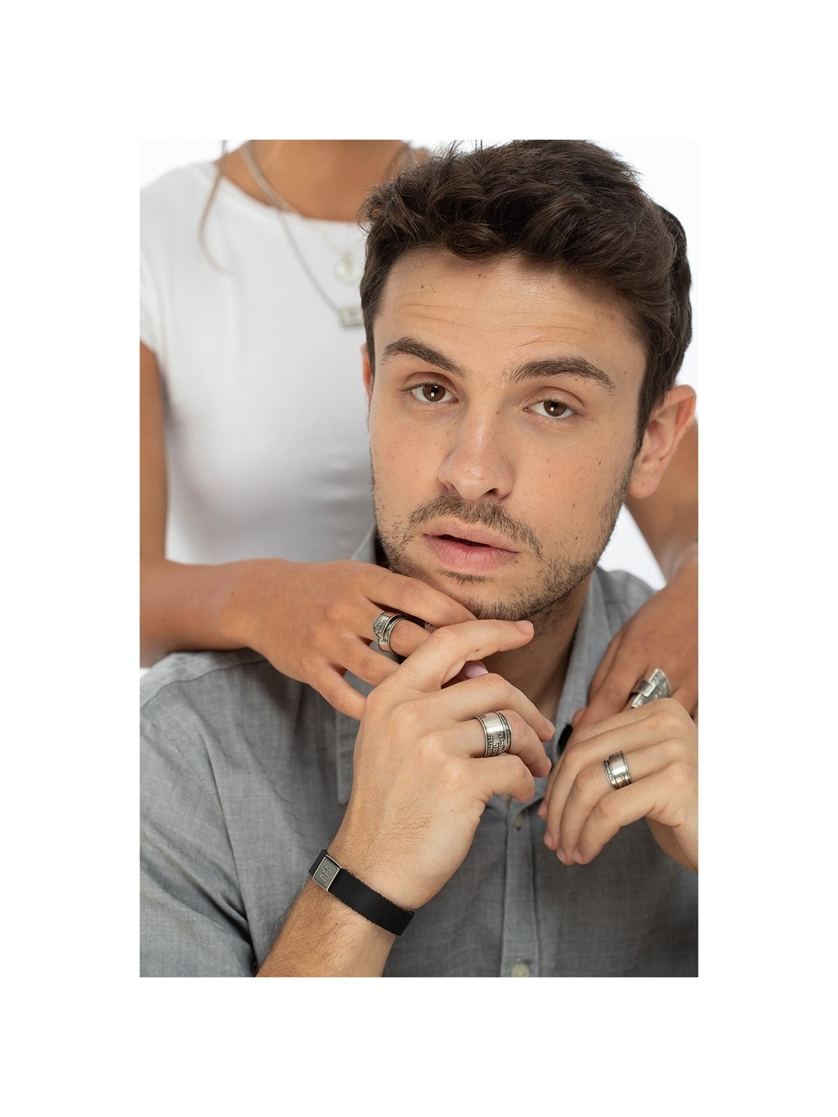 Men's Black Leather Bracelet with Silver-Plated Pendant and Stainless