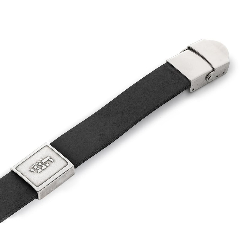 Bracelet pour homme en cuir noir avec pendentif plaqué argent et acier inoxydable